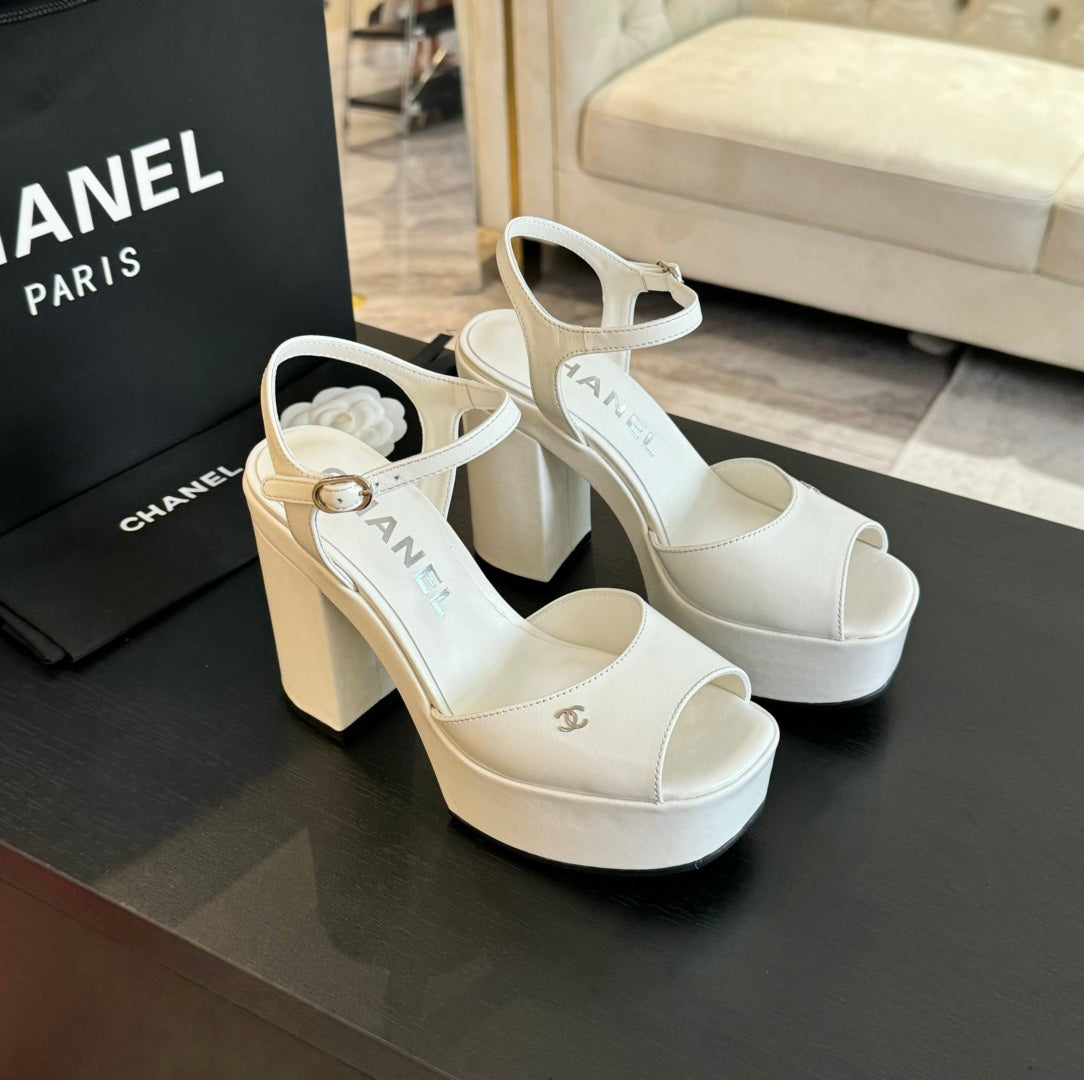 CHANEL HIGH HEEL PLATFORM SANDALS IN WHITE CALFSKIN
