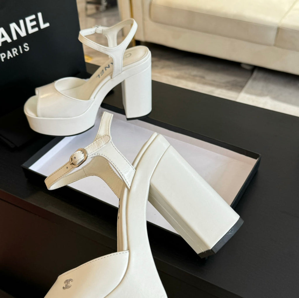 CHANEL HIGH HEEL PLATFORM SANDALS IN WHITE CALFSKIN