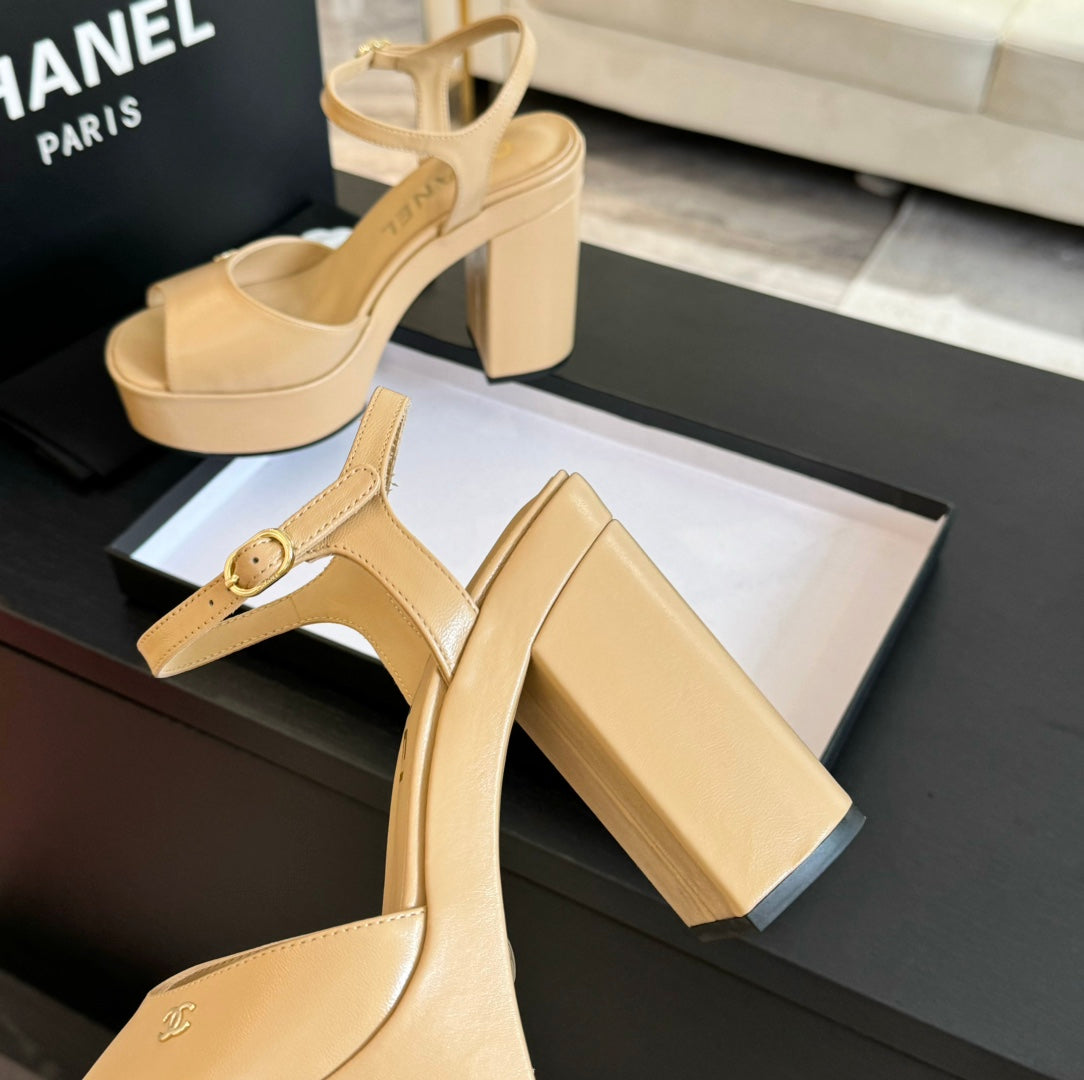 CHANEL HIGH HEEL PLATFORM SANDALS IN SAND YELLOW CALFSKIN