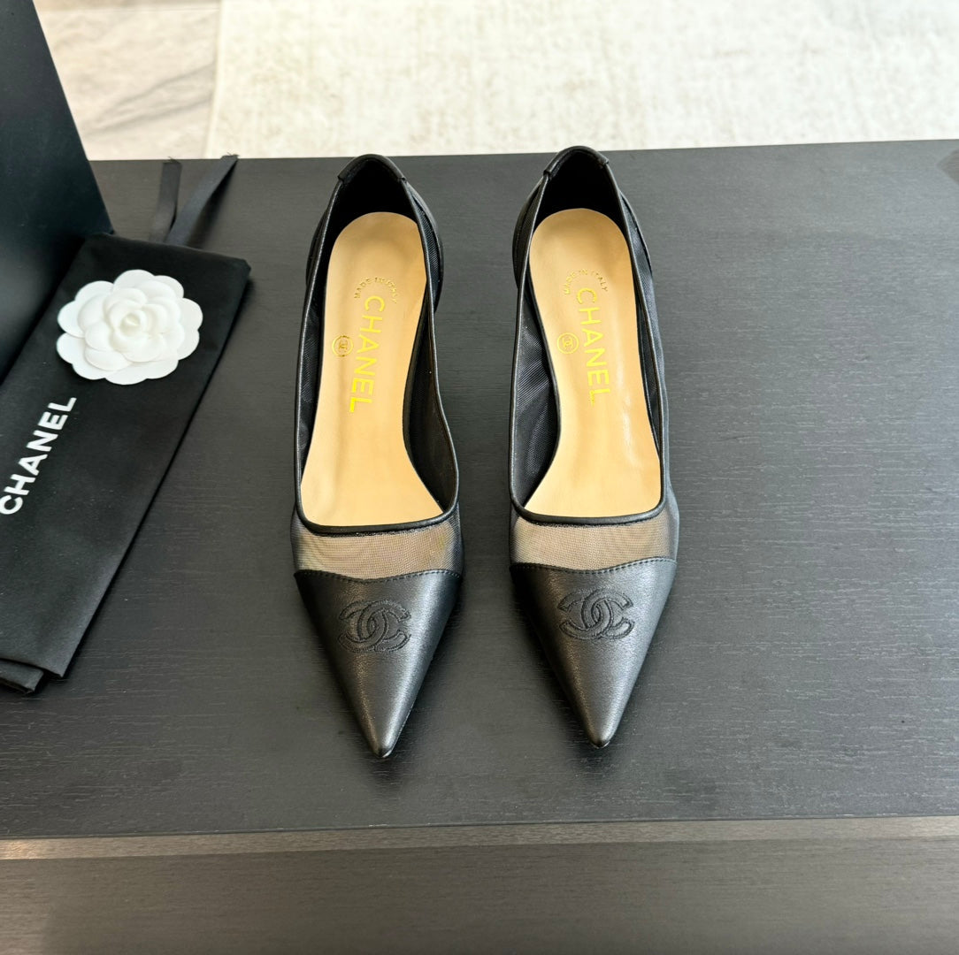 CHANEL MESH LOGO HEELS IN BLACK LAMBSKIN