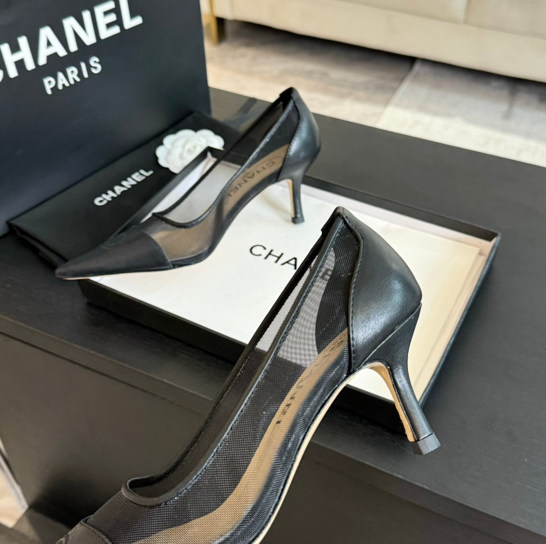 CHANEL MESH LOGO HEELS IN BLACK LAMBSKIN