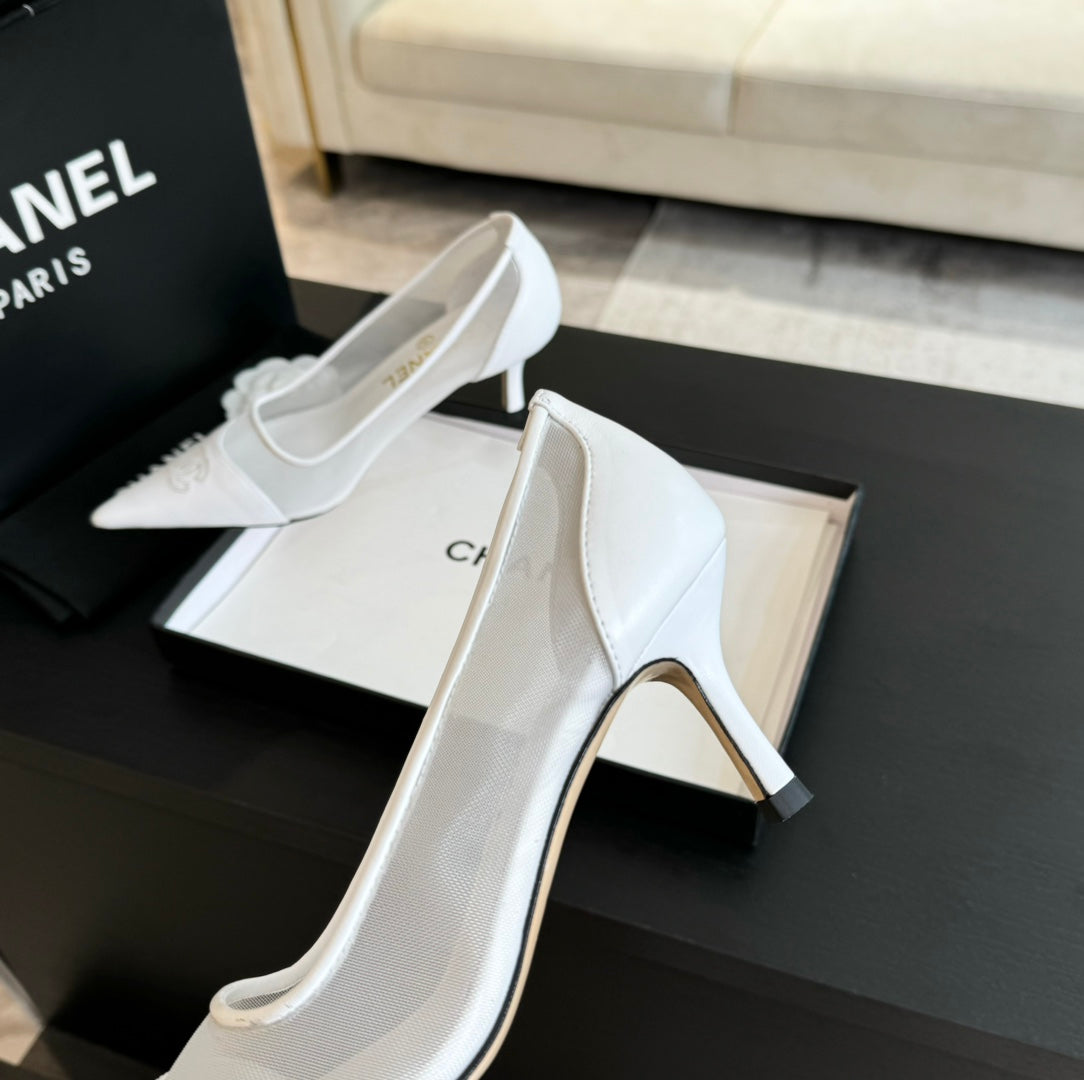 CHANEL MESH LOGO HEELS IN WHITE LAMBSKIN