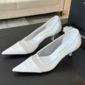 CHANEL MESH LOGO HEELS IN WHITE LAMBSKIN