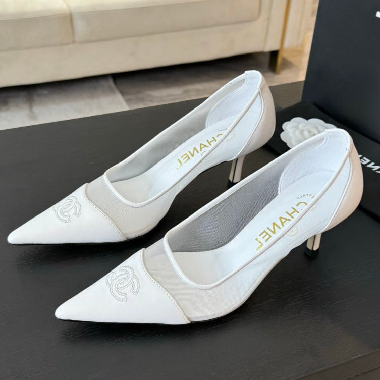 CHANEL MESH LOGO HEELS IN WHITE LAMBSKIN