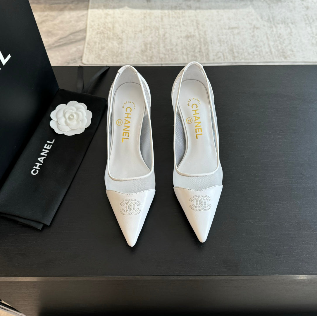 CHANEL MESH LOGO HEELS IN WHITE LAMBSKIN