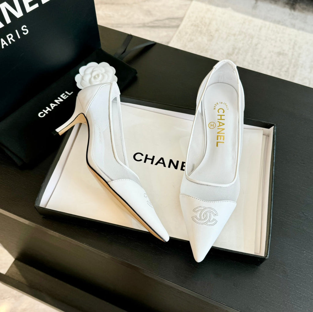 CHANEL MESH LOGO HEELS IN WHITE LAMBSKIN