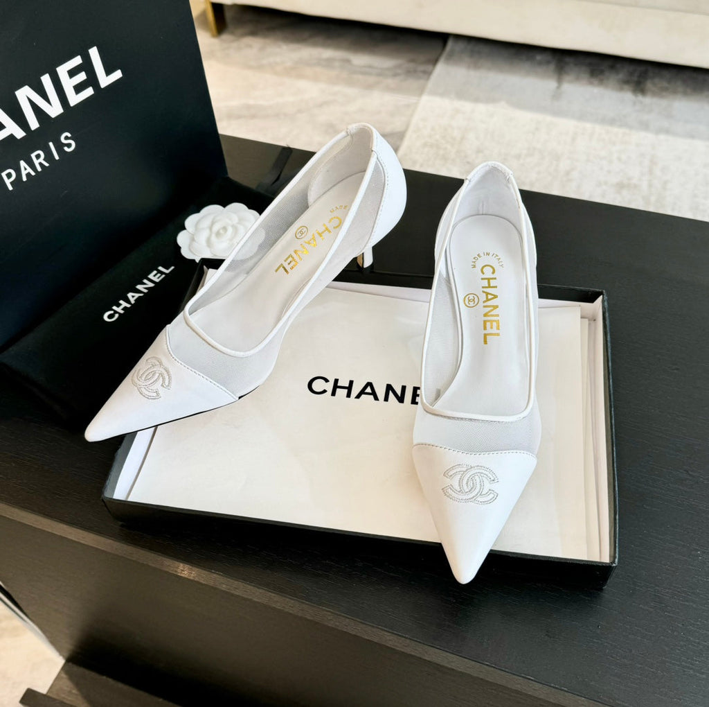 CHANEL MESH LOGO HEELS IN WHITE LAMBSKIN