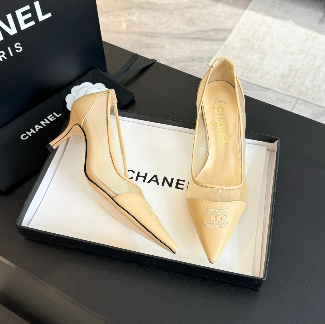 CHANEL MESH LOGO HEELS IN BEIGE LAMBSKIN