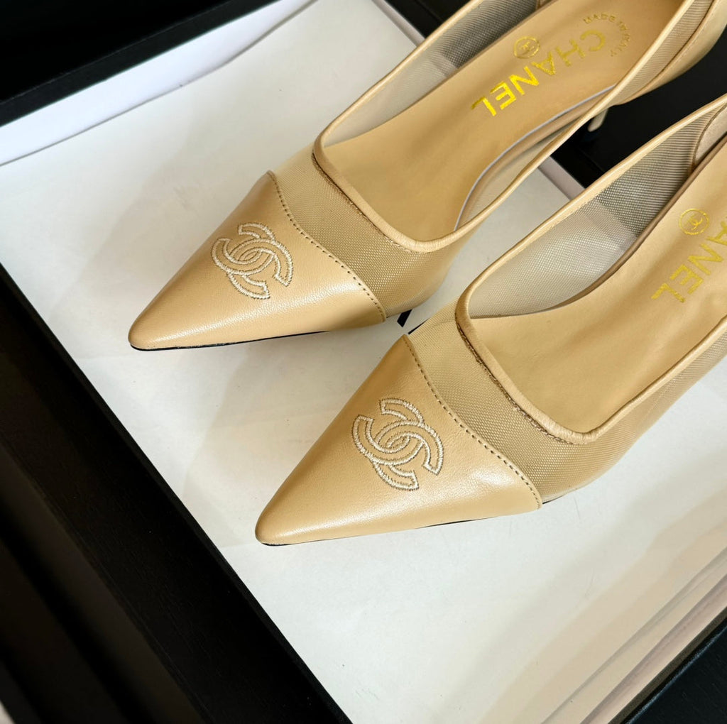 CHANEL MESH LOGO HEELS IN BEIGE LAMBSKIN