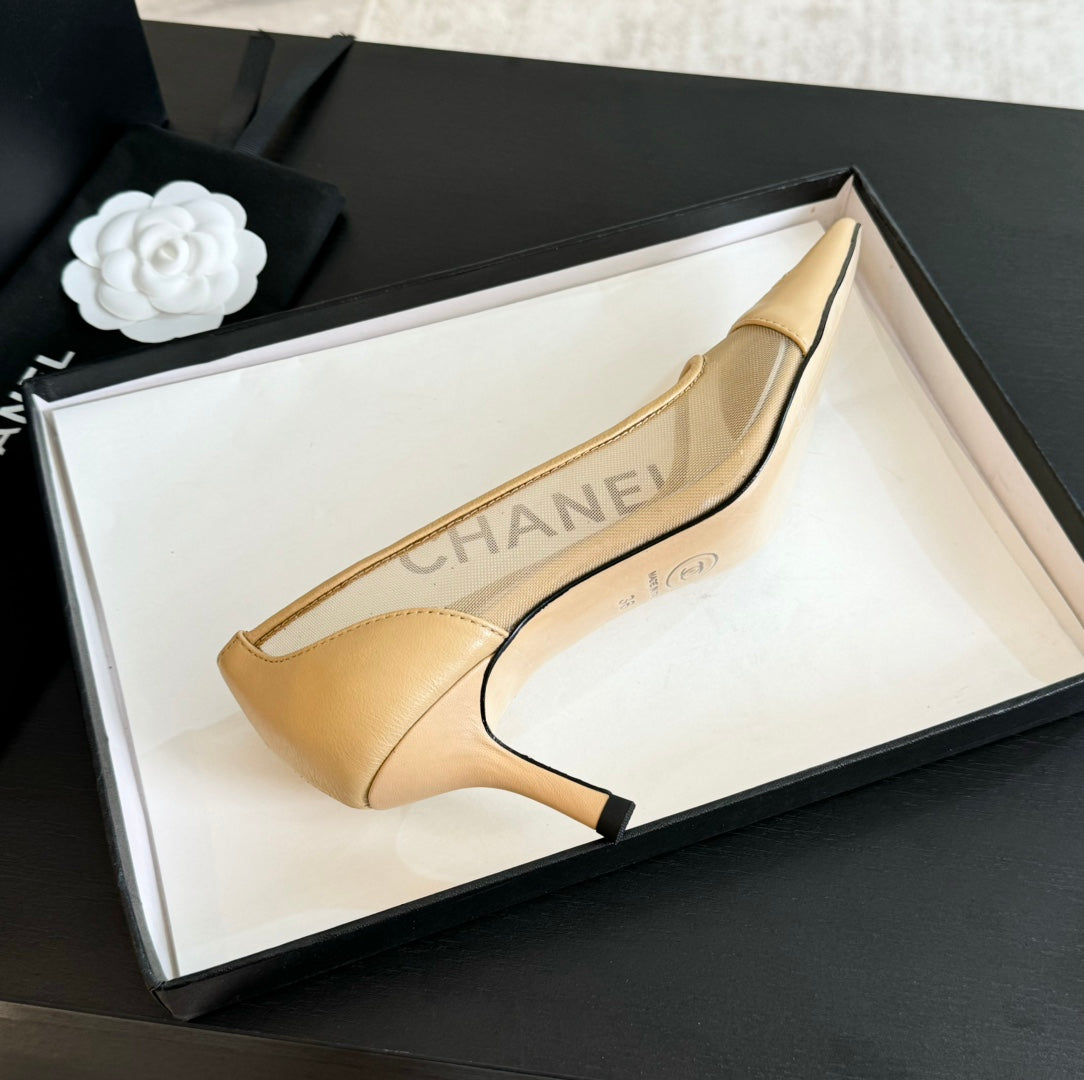 CHANEL MESH LOGO HEELS IN BEIGE LAMBSKIN