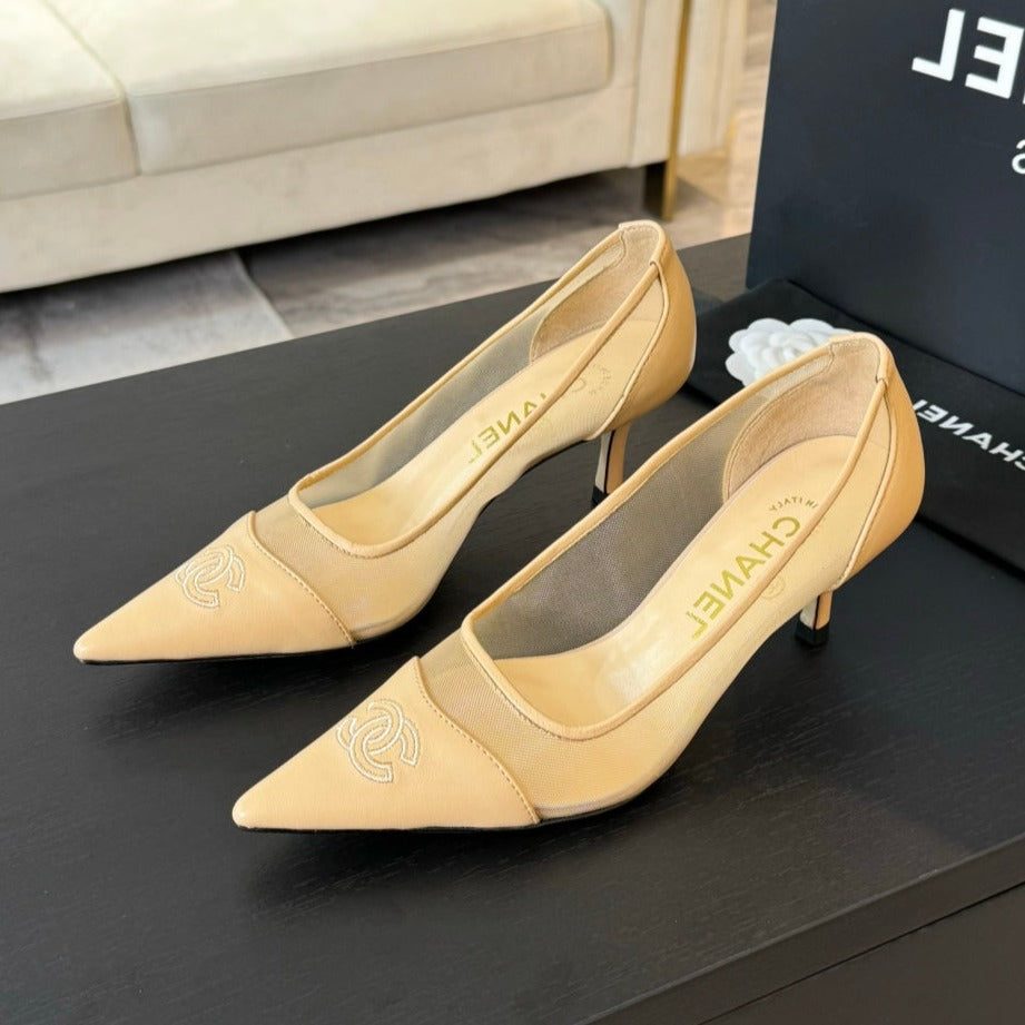 CHANEL MESH LOGO HEELS IN BEIGE LAMBSKIN