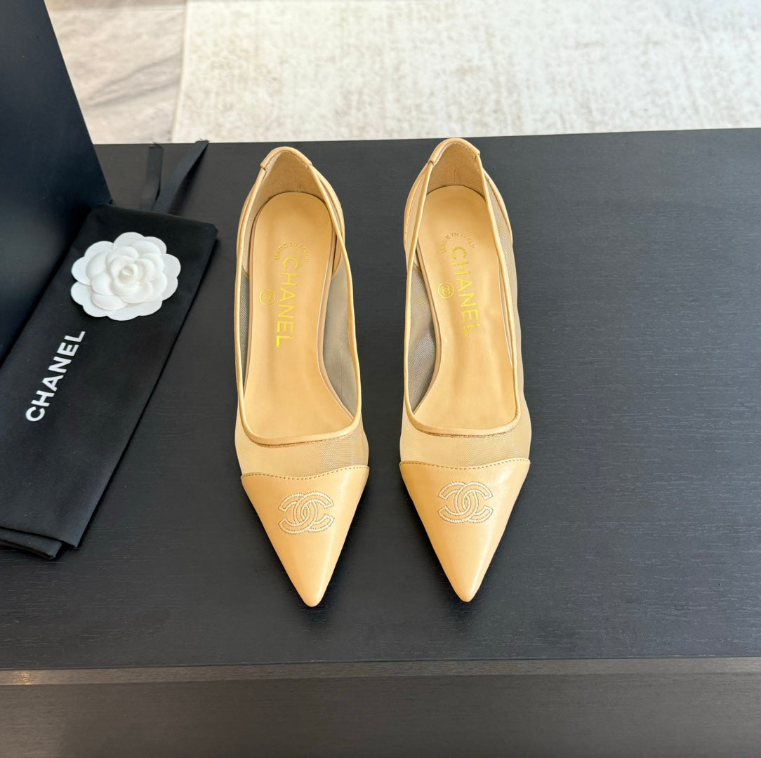 CHANEL MESH LOGO HEELS IN BEIGE LAMBSKIN