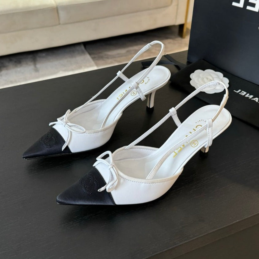 CHANEL SLINGBACK WITH BOW IN WHITE MIX BLACK LAMBSKIN