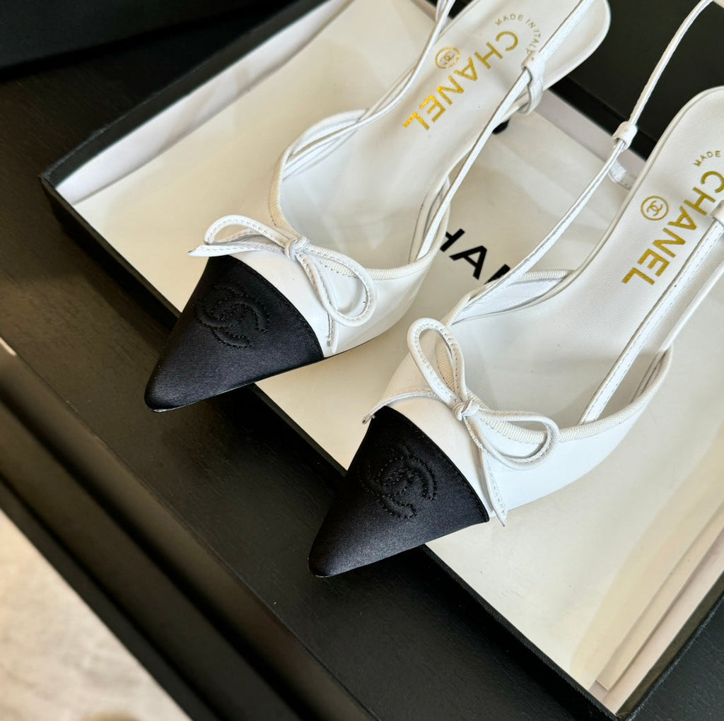CHANEL SLINGBACK WITH BOW IN WHITE MIX BLACK LAMBSKIN