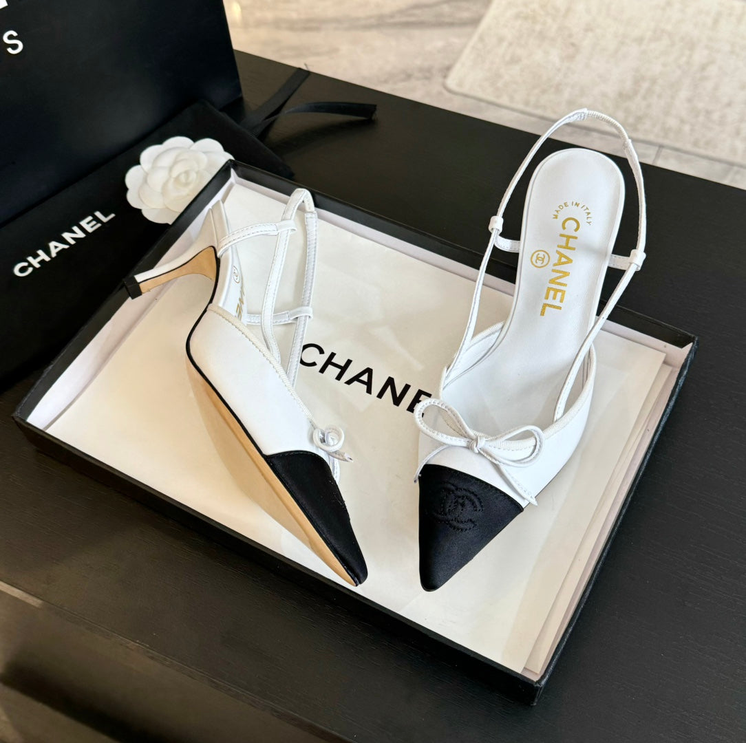 CHANEL SLINGBACK WITH BOW IN WHITE MIX BLACK LAMBSKIN