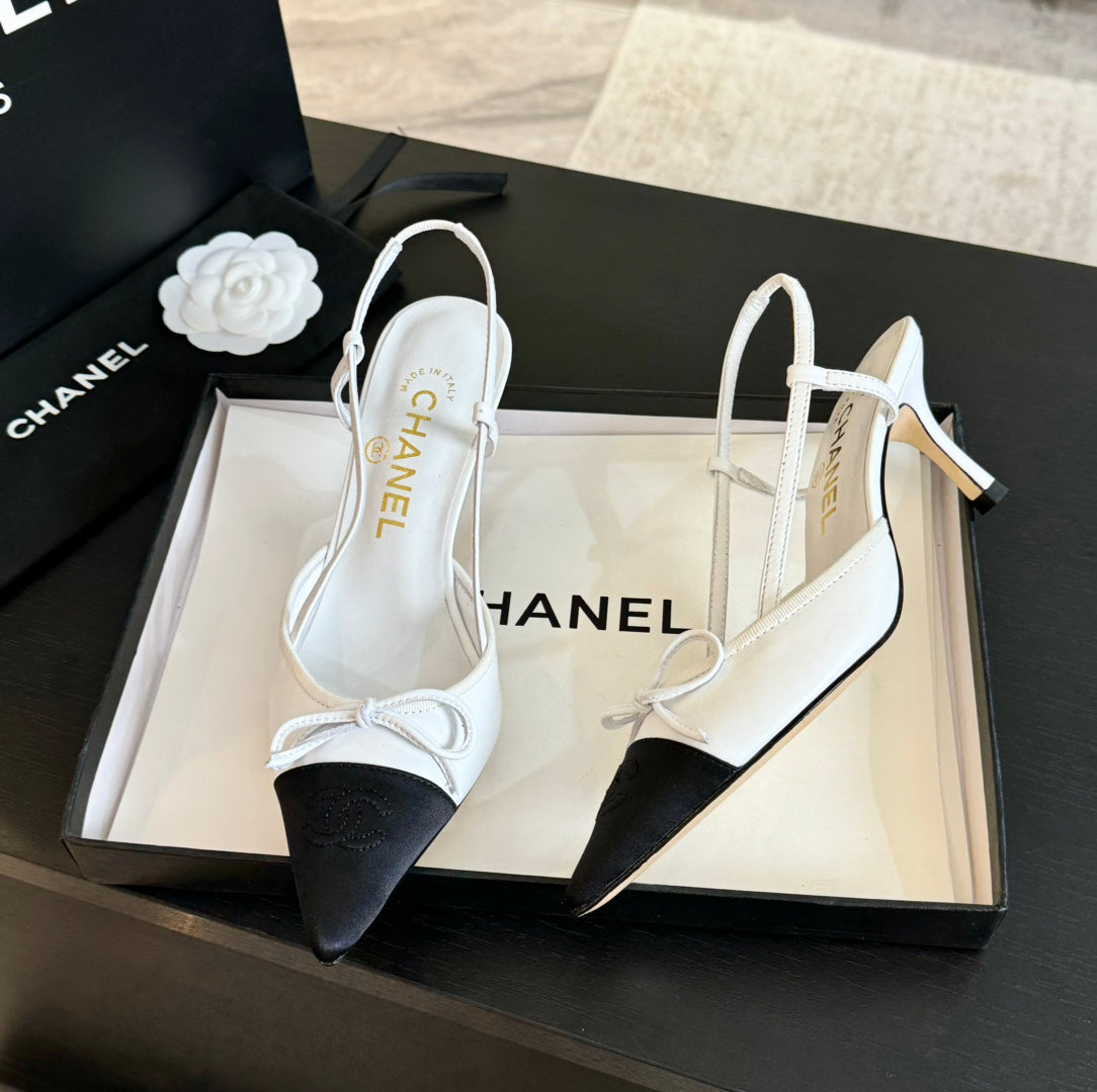 CHANEL SLINGBACK WITH BOW IN WHITE MIX BLACK LAMBSKIN