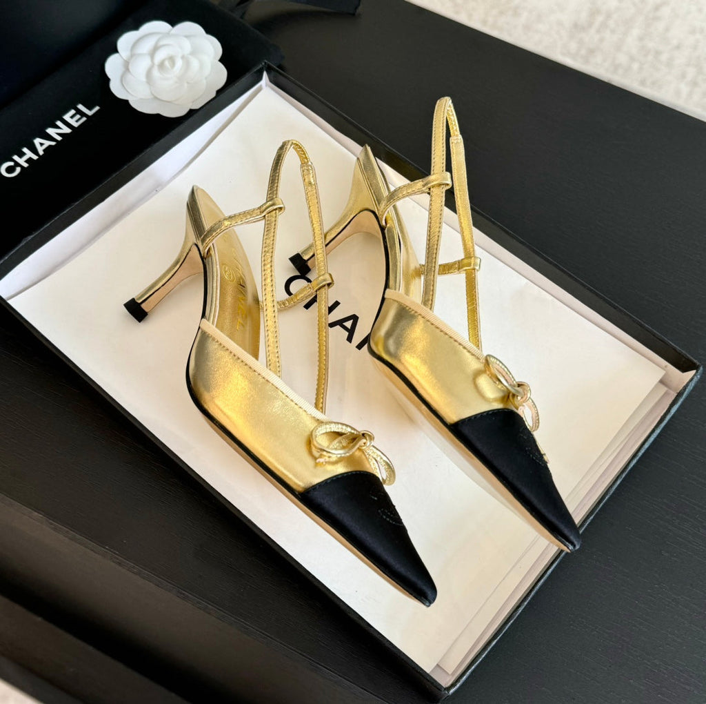 CHANEL SLINGBACK WITH BOW IN GOLDEN MIX BLACK LAMBSKIN