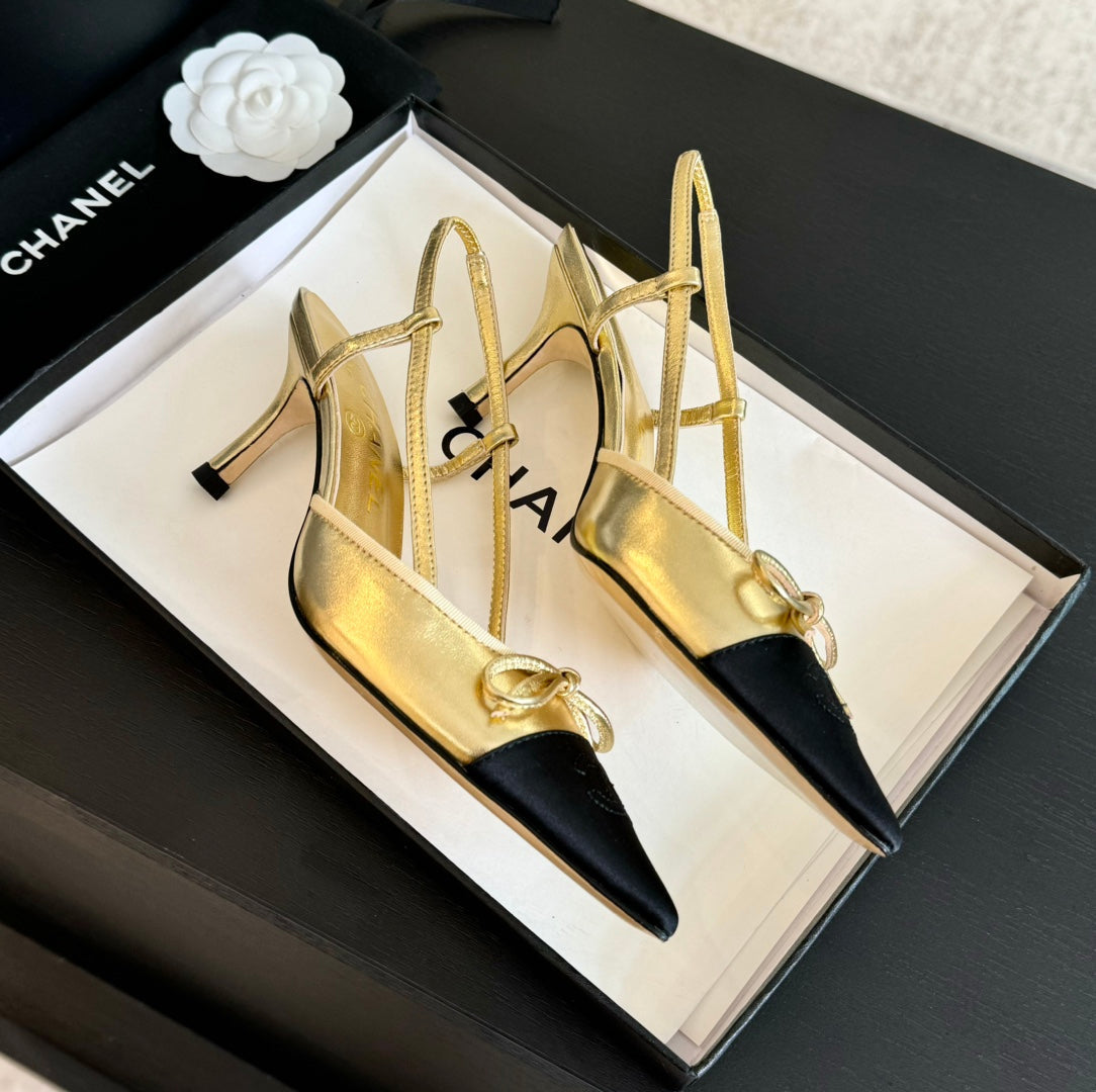 CHANEL SLINGBACK WITH BOW IN GOLDEN MIX BLACK LAMBSKIN