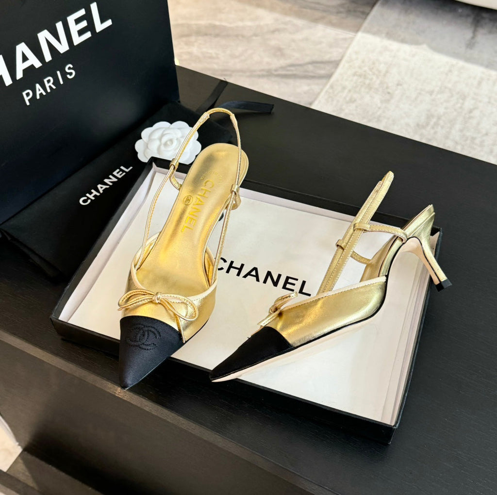 CHANEL SLINGBACK WITH BOW IN GOLDEN MIX BLACK LAMBSKIN