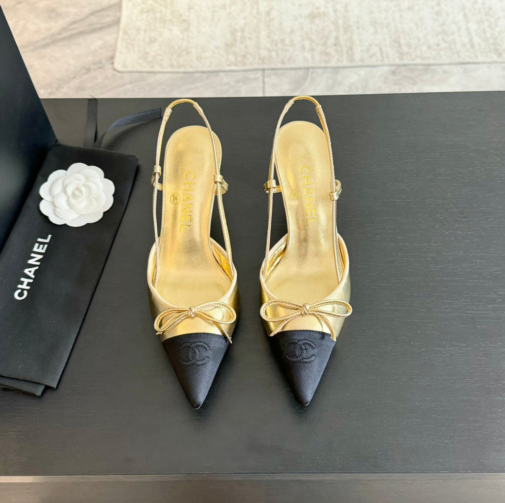CHANEL SLINGBACK WITH BOW IN GOLDEN MIX BLACK LAMBSKIN