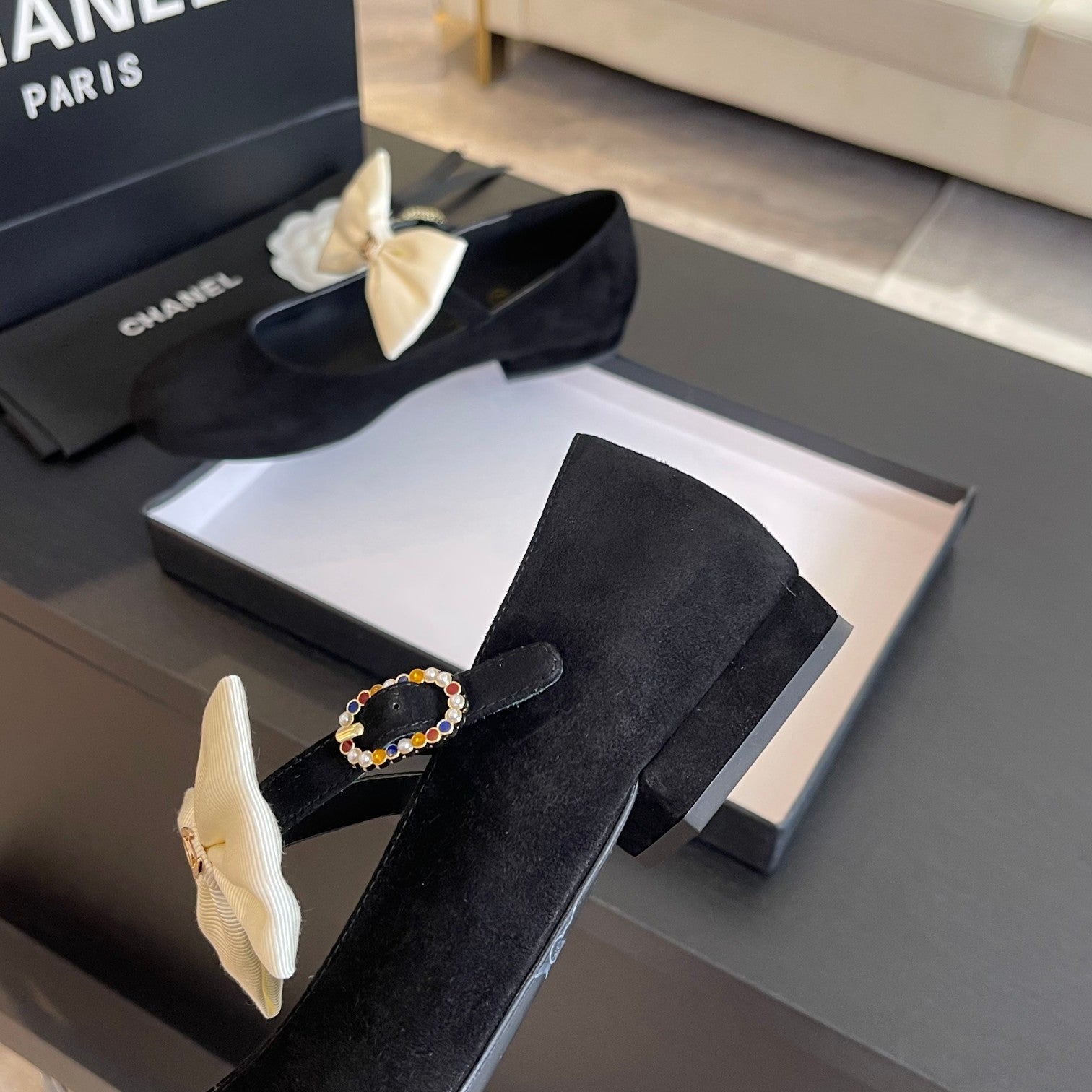 CHANEL BALLET FLAT BLACK SUEDE LAMBSKIN WITH WHITE BOW