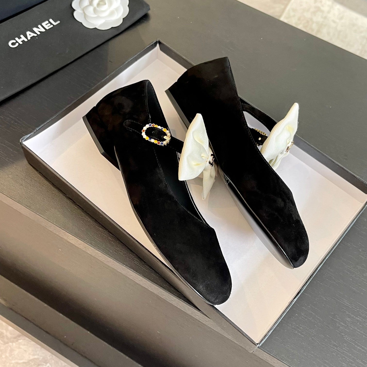 CHANEL BALLET FLAT BLACK SUEDE LAMBSKIN WITH WHITE BOW