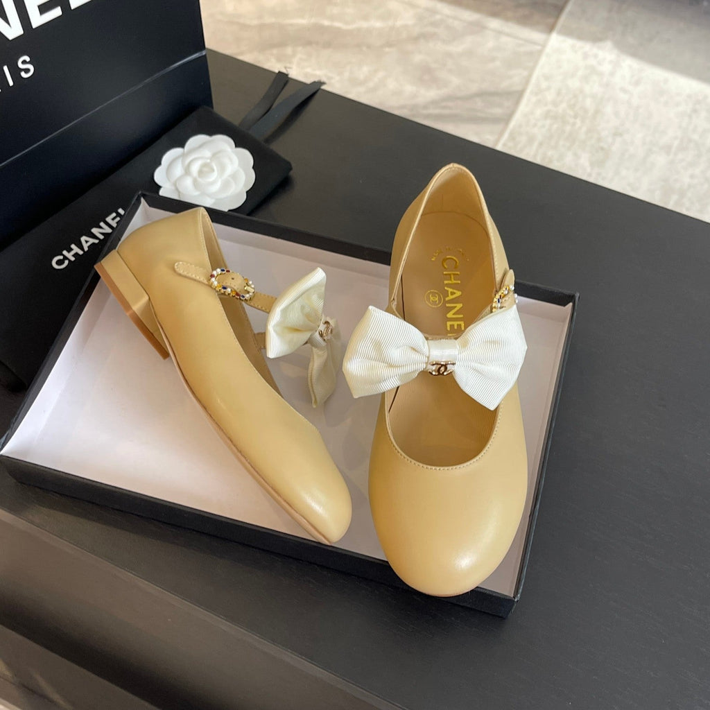 CHANEL BALLET FLAT DARK CREAM LAMBSKIN WITH WHITE BOW