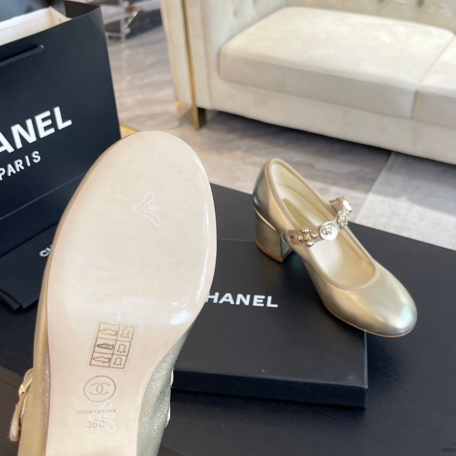 CHANEL HIGH MERY JANE GOLDEN LAMBSKIN
