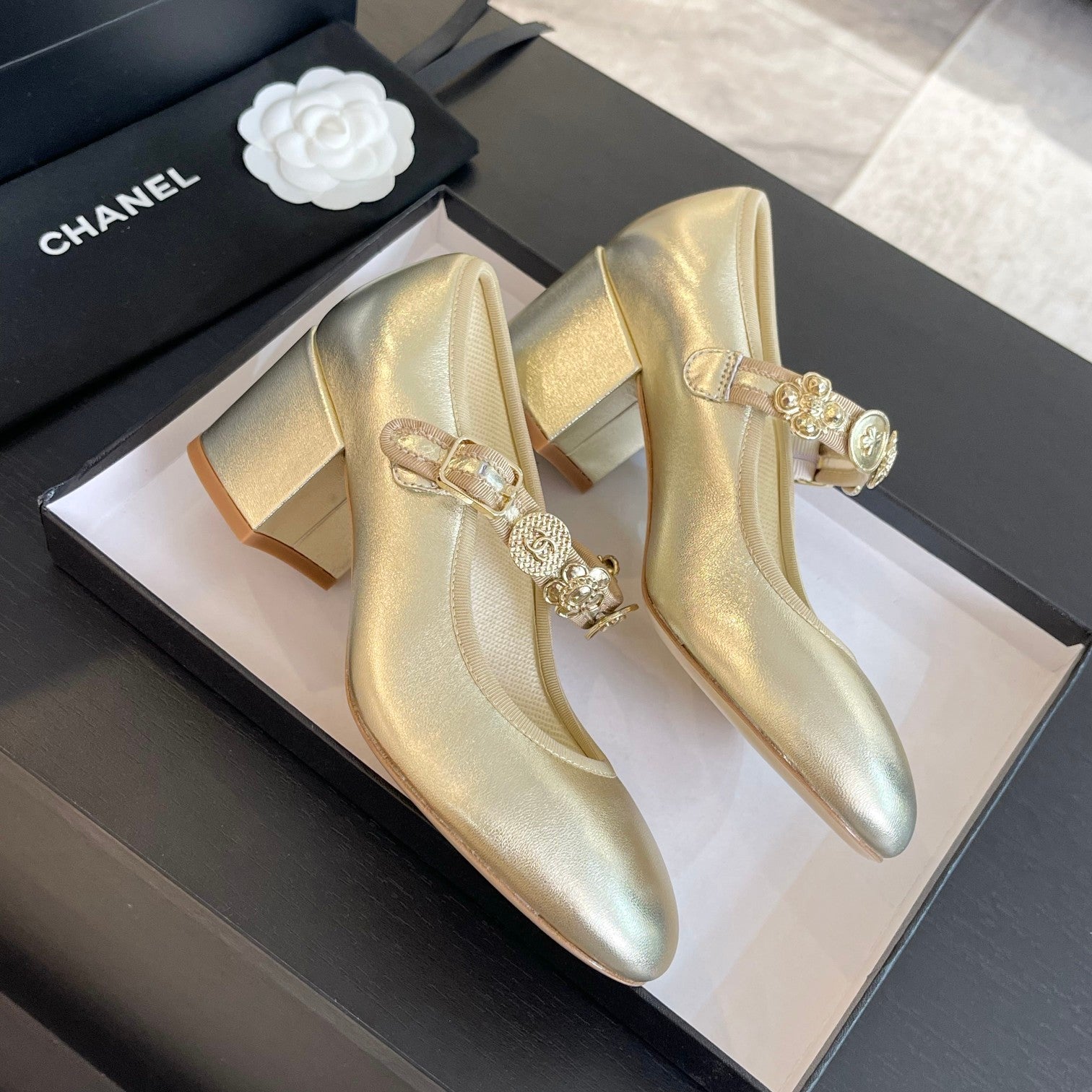 CHANEL HIGH MERY JANE GOLDEN LAMBSKIN