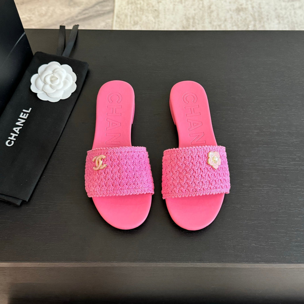 CHANEL BRIGHT PINK WOVEN FLAT SLIPPERS