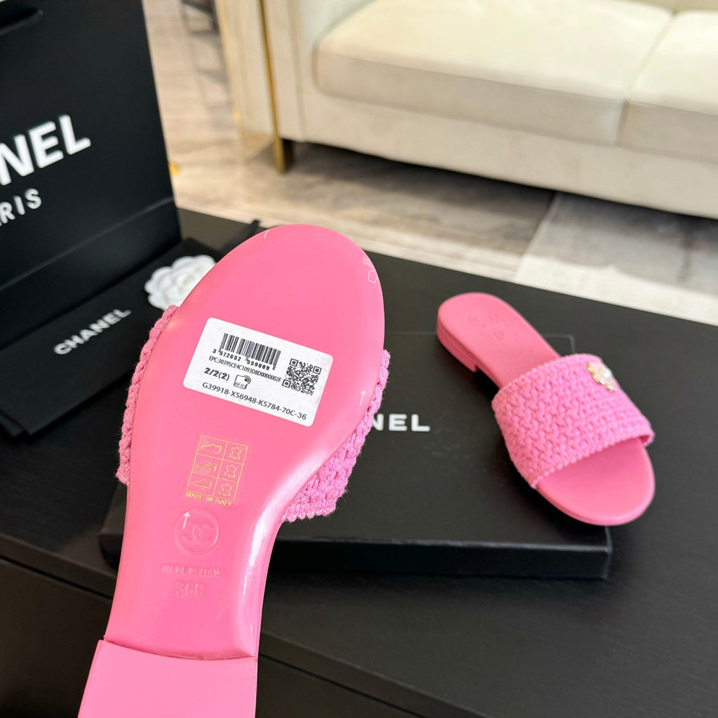 CHANEL BRIGHT PINK WOVEN FLAT SLIPPERS