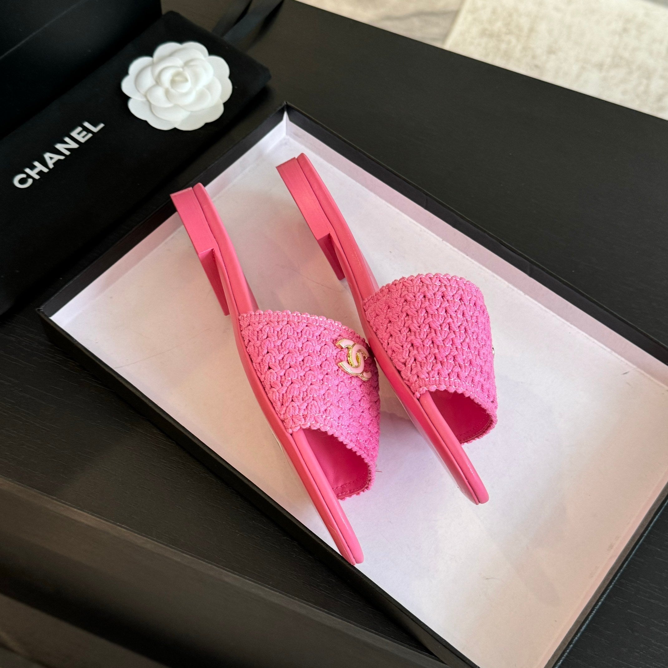 CHANEL BRIGHT PINK WOVEN FLAT SLIPPERS