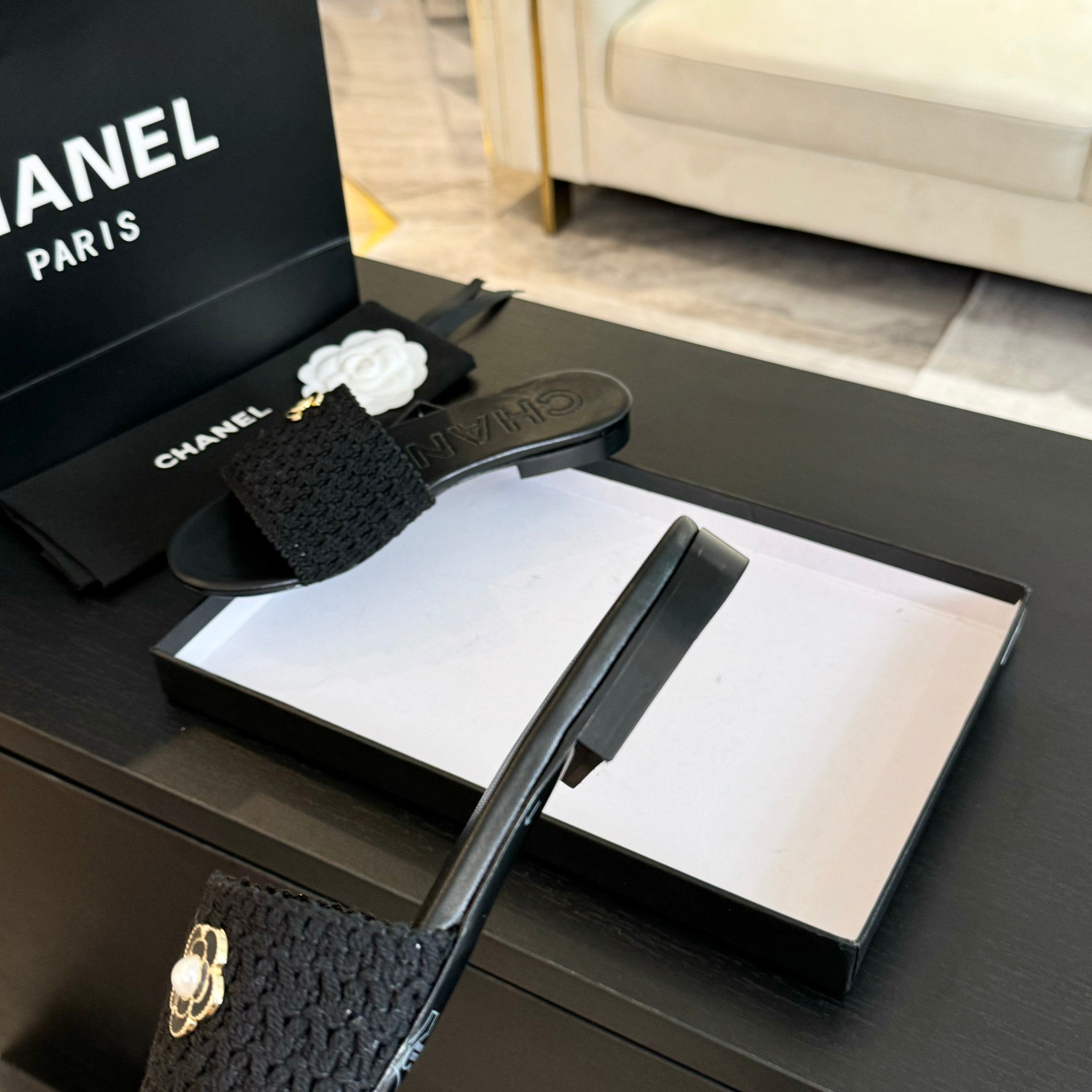 CHANEL BLACK WOVEN FLAT SLIPPERS