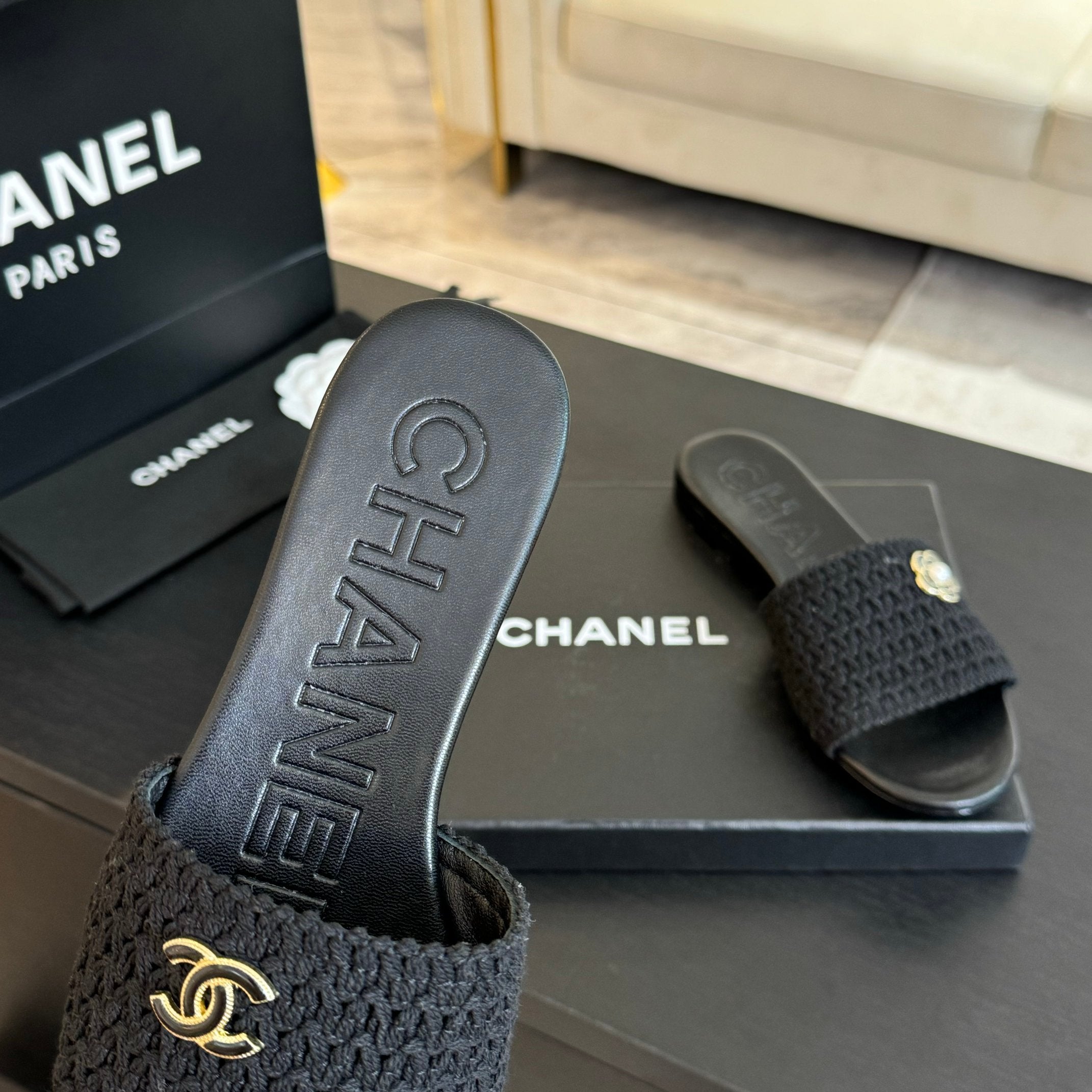 CHANEL BLACK WOVEN FLAT SLIPPERS