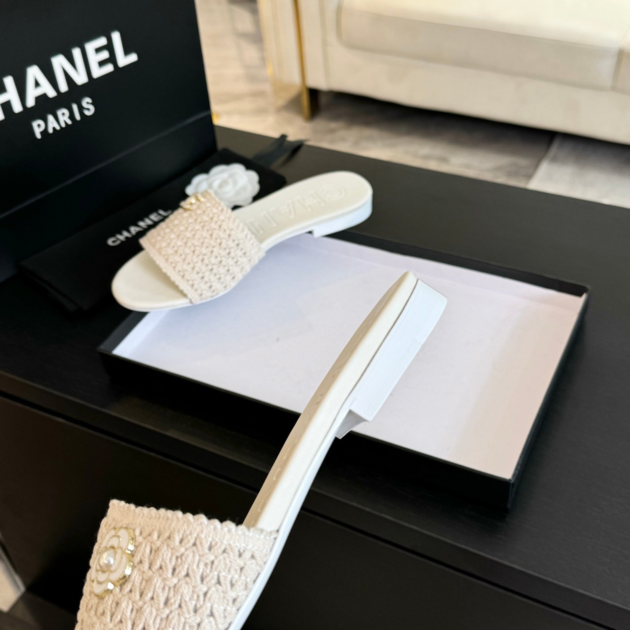 CHANEL WHITE WOVEN FLAT SLIPPERS