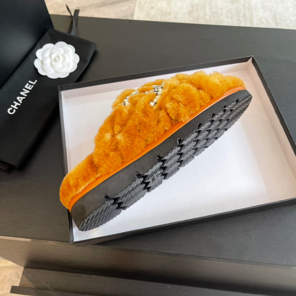CHANEL SAFETY ORANGE FUR CROSS STRAP SLIPPERS