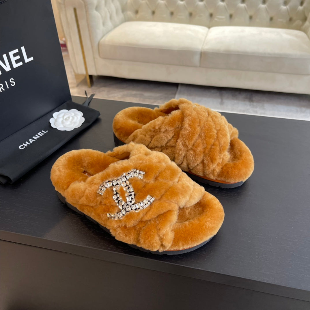 CHANEL SAFETY ORANGE FUR CROSS STRAP SLIPPERS