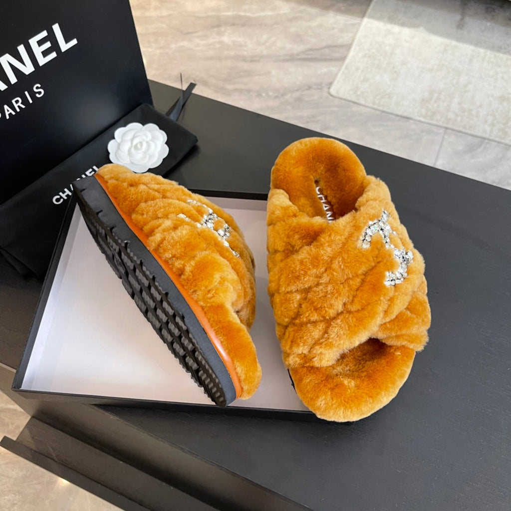 CHANEL SAFETY ORANGE FUR CROSS STRAP SLIPPERS