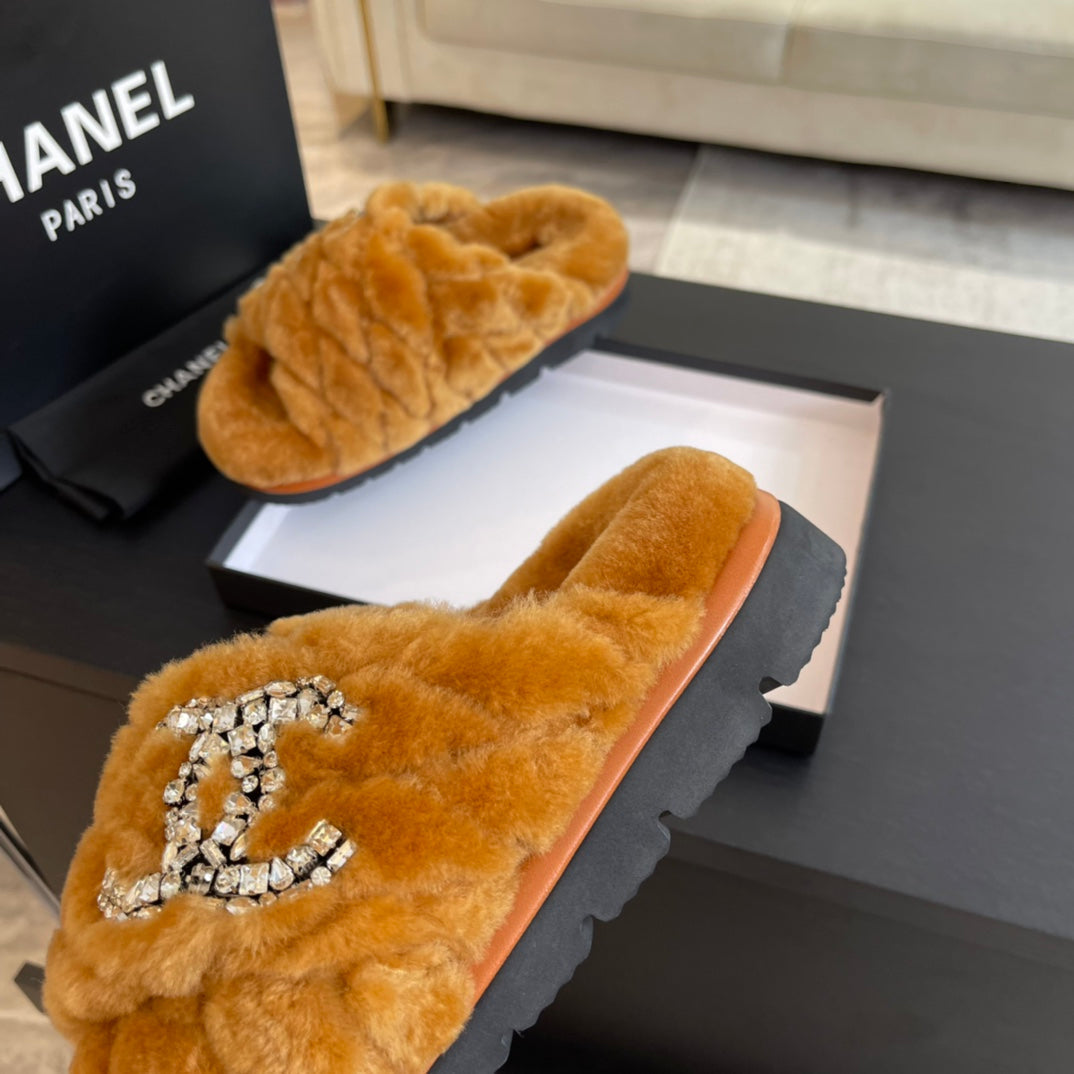 CHANEL SAFETY ORANGE FUR CROSS STRAP SLIPPERS