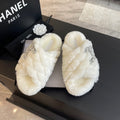 CHANEL WHITE FUR CROSS STRAP SLIPPERS