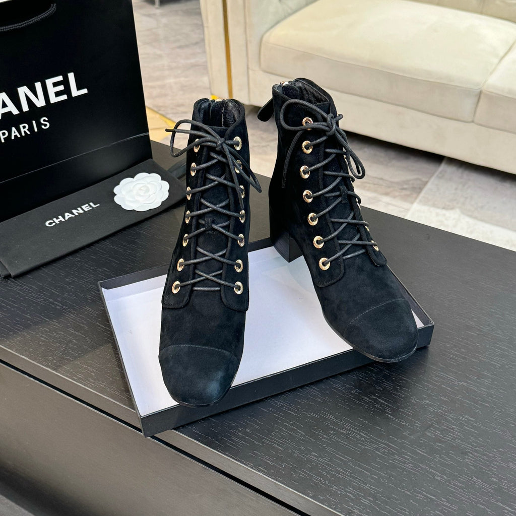 CHANEL LACE-UP SHORT BOOTS IN BLACK SUEDE