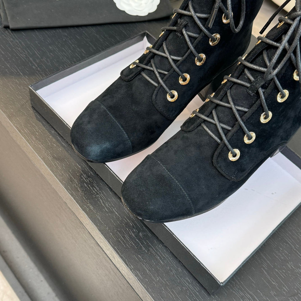 CHANEL LACE-UP SHORT BOOTS IN BLACK SUEDE