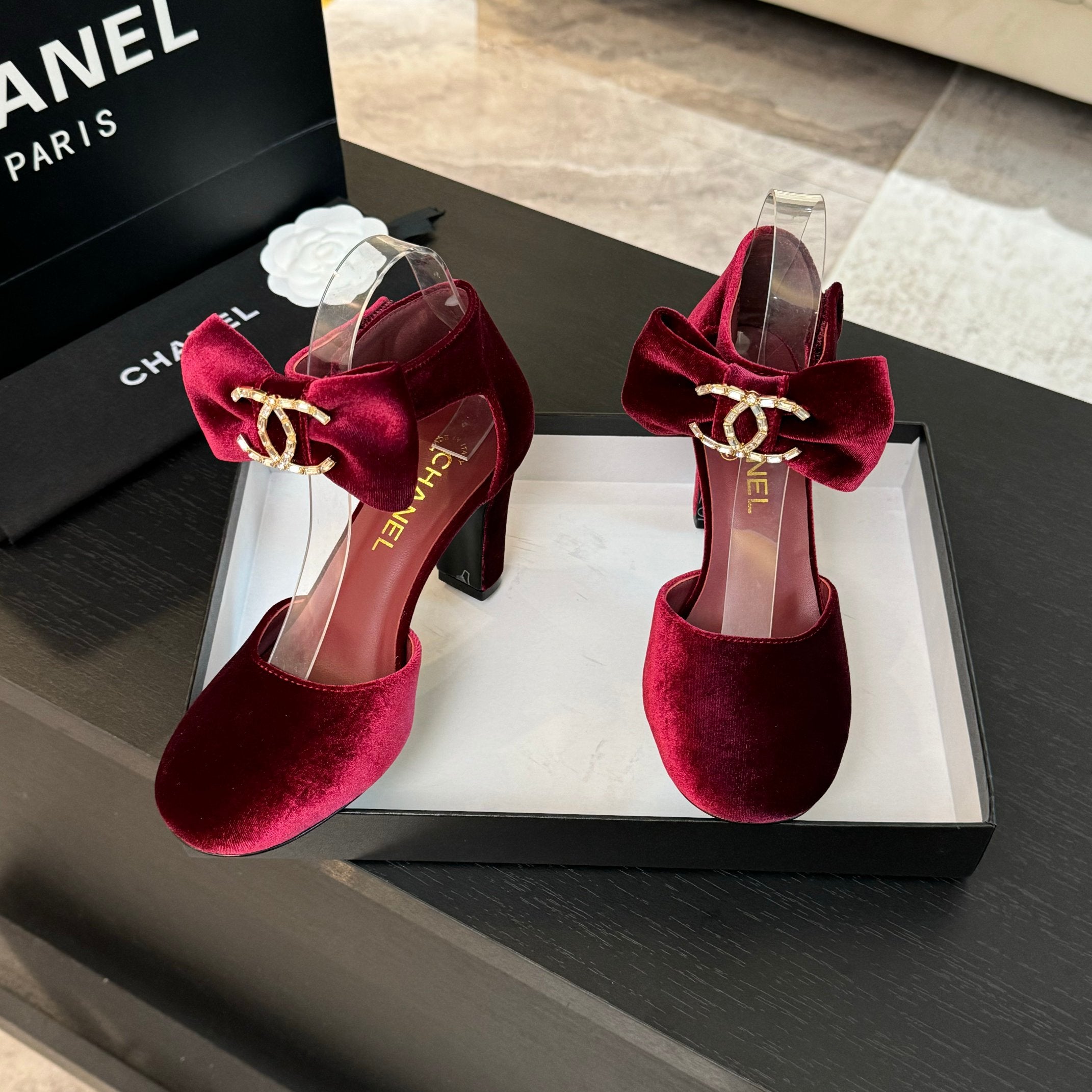 CHANEL HIGH MARRY JANE IN CHERRY RED VELVET