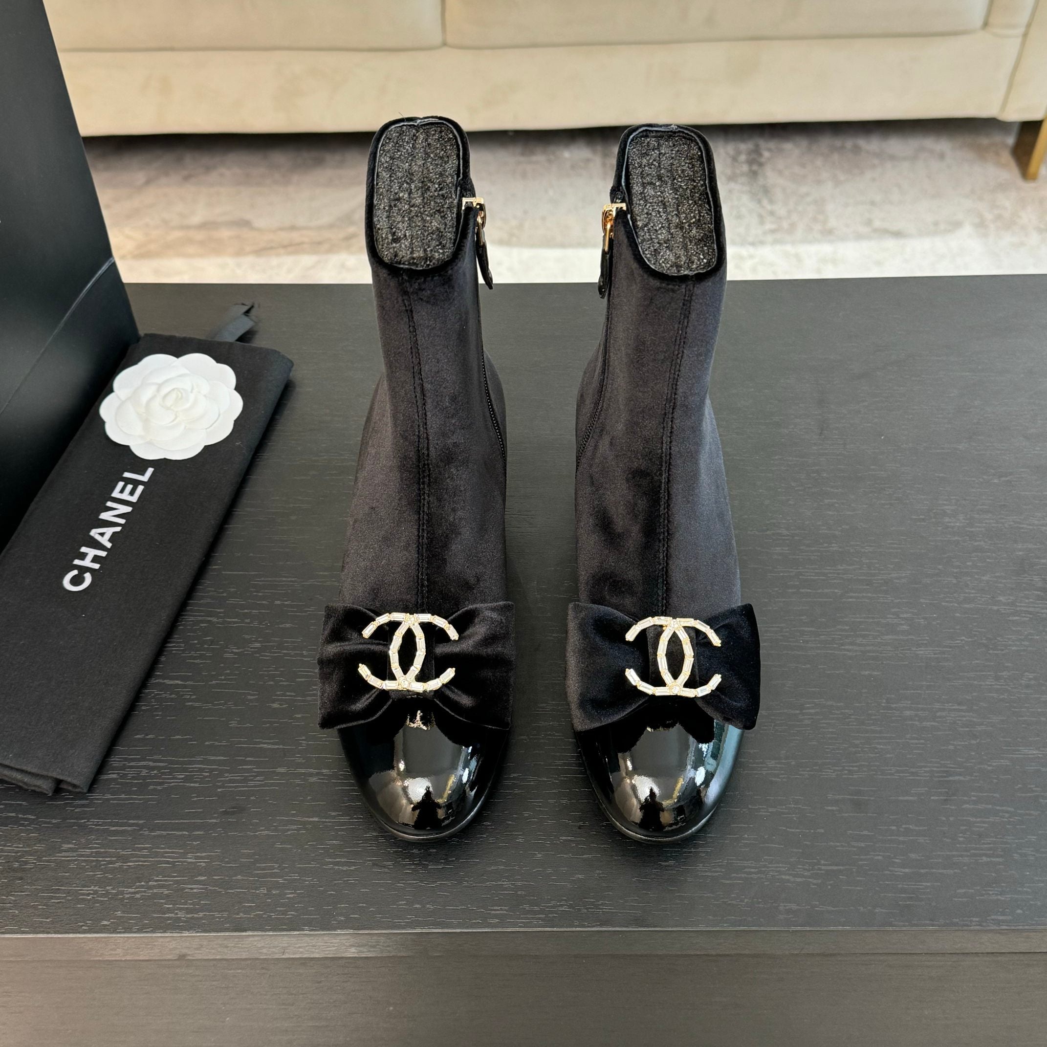 CHANEL SHORT BOOTS IN BLACK VELVET AND LAMBSKIN
