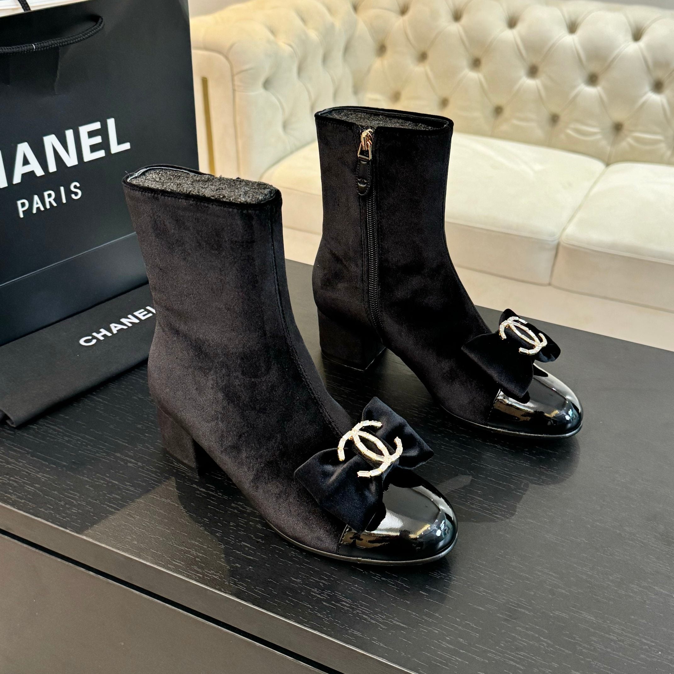 CHANEL SHORT BOOTS IN BLACK VELVET AND LAMBSKIN