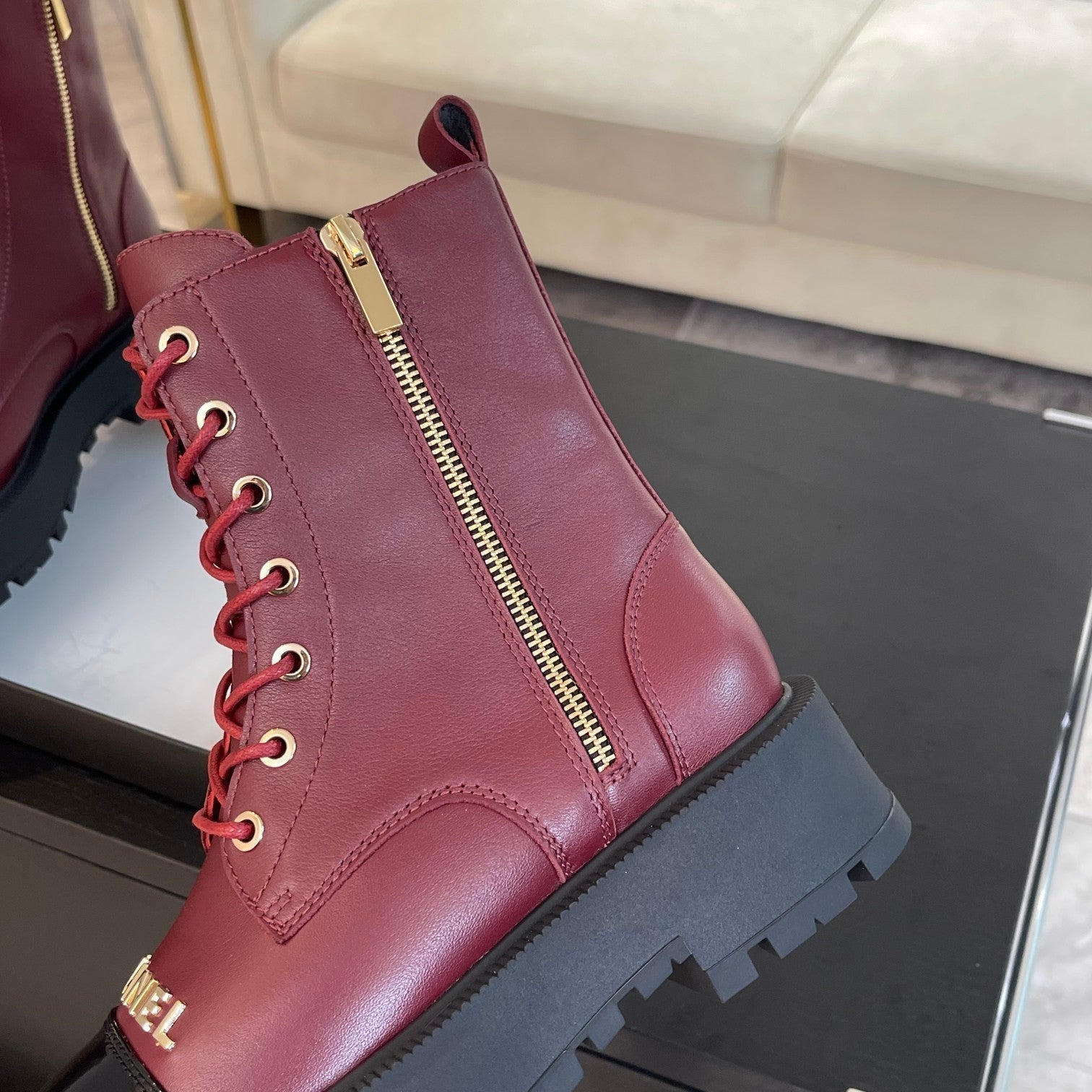 CHANEL ANKLE BOOTS IN BLACK MIX GARNET RED LAMBSKIN