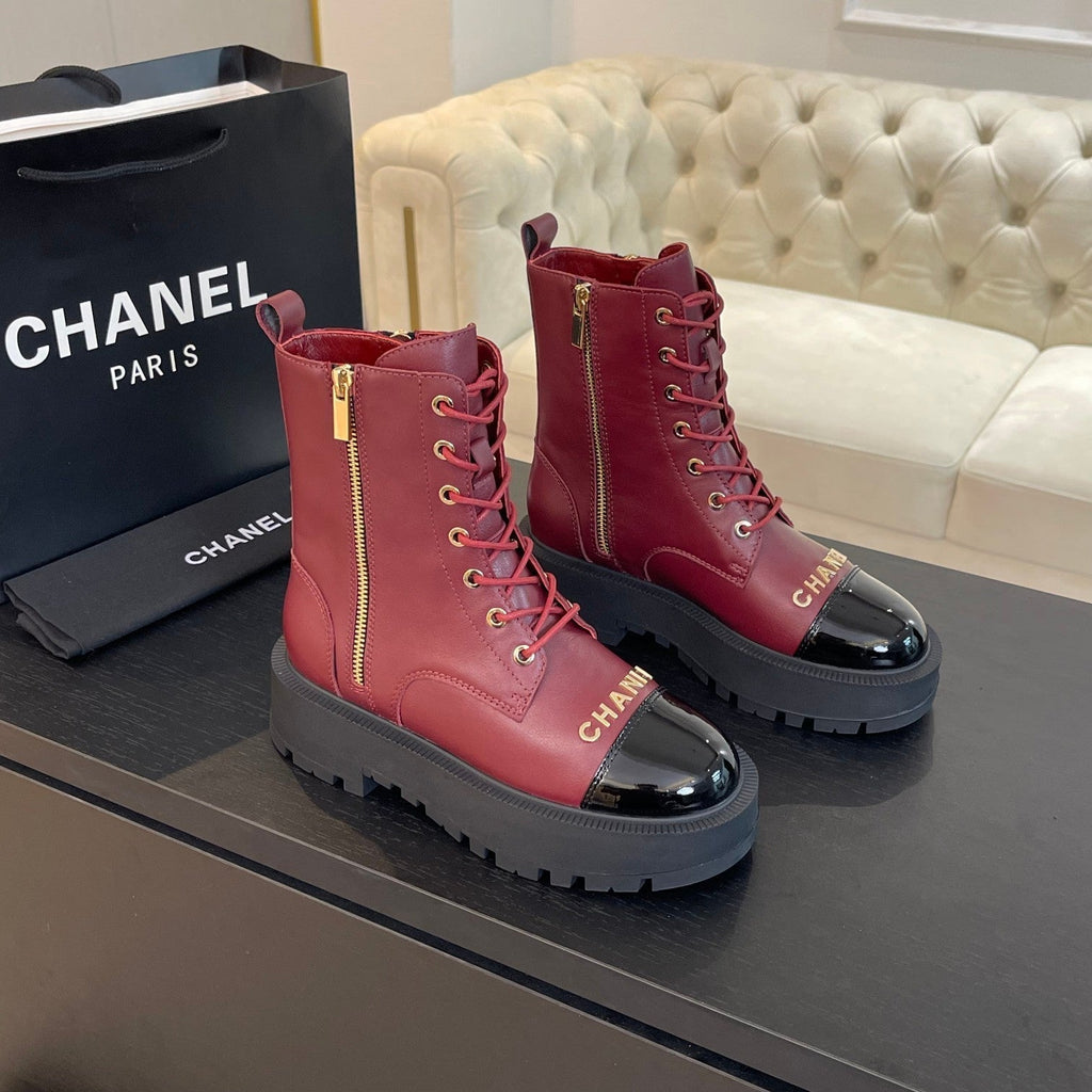 CHANEL ANKLE BOOTS IN BLACK MIX GARNET RED LAMBSKIN