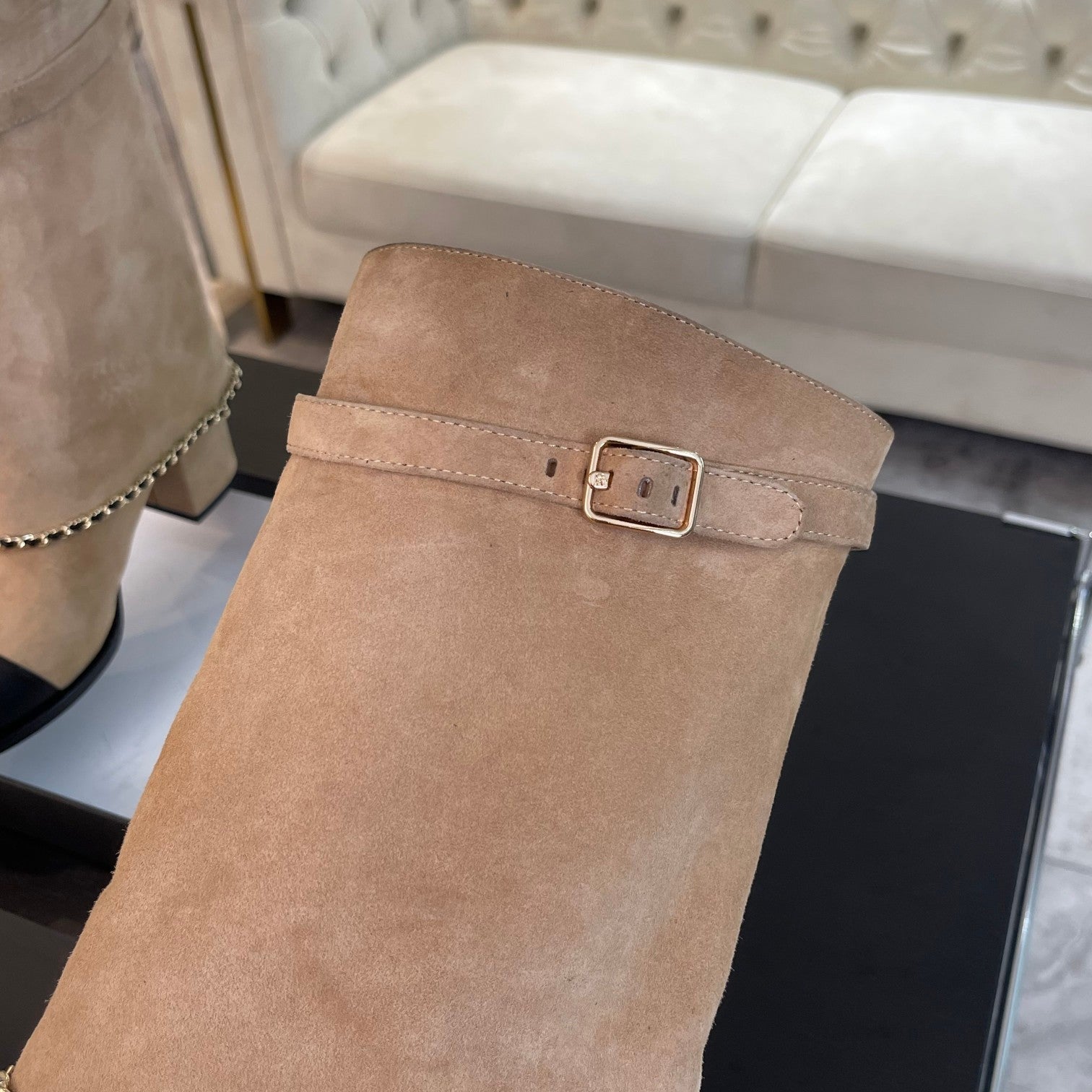 CHANEL SHORT BOOTS 6.5 CM IN CIDER BROWN SUEDE AND BLACK CALFSKIN