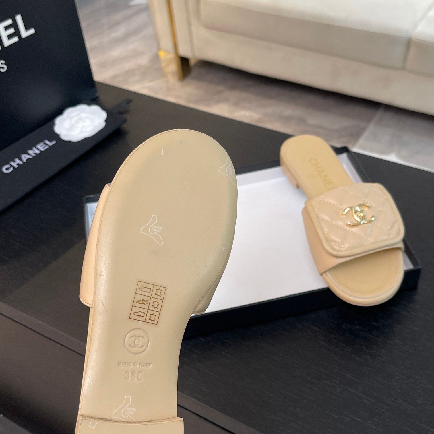 CHANEL FLAT MULE IN TUSCAN BEIGE LAMBSKIN