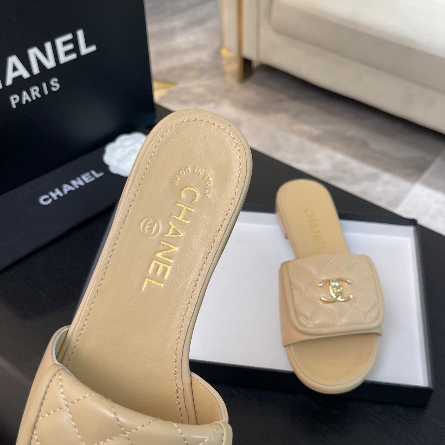CHANEL FLAT MULE IN TUSCAN BEIGE LAMBSKIN